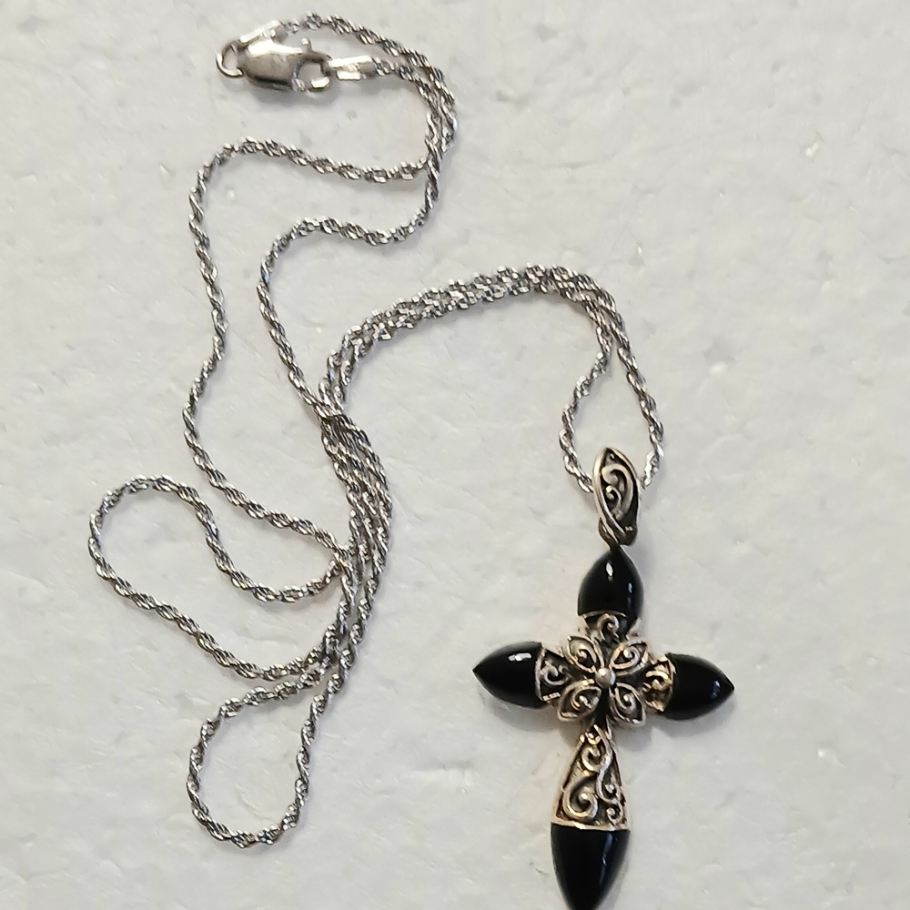 Sterling Silver And Onyx Cross Pendant Necklace